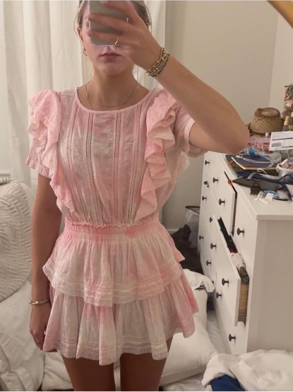 LoveShackFancy Tie Dye Pink Ruffle Tiered Mini Dress - Picture 8 of 10